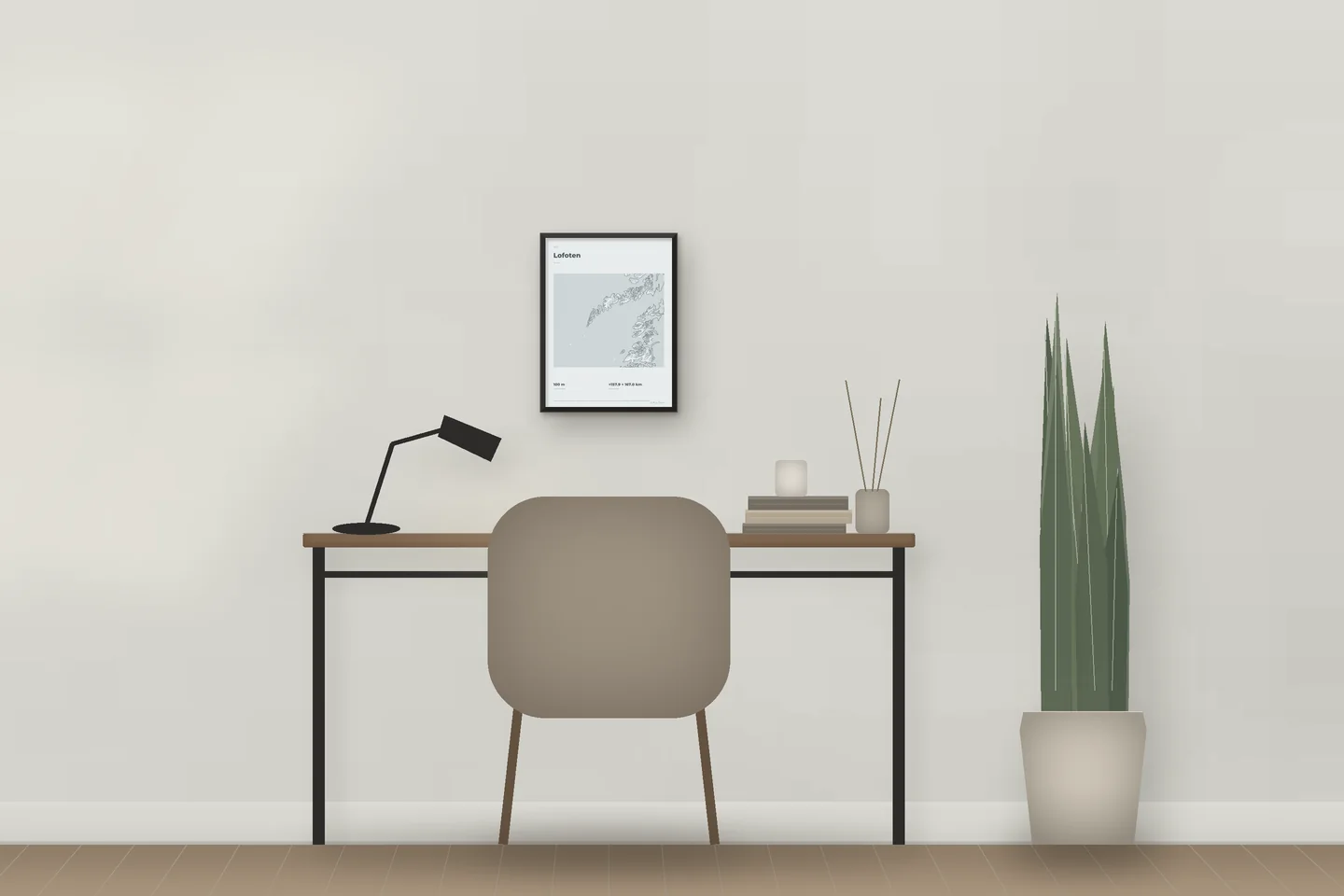 Lofoten (12 × 16 in · Black metal · Mist & Pewter) above a desk in a home office — illustrative digital preview, not a photo
