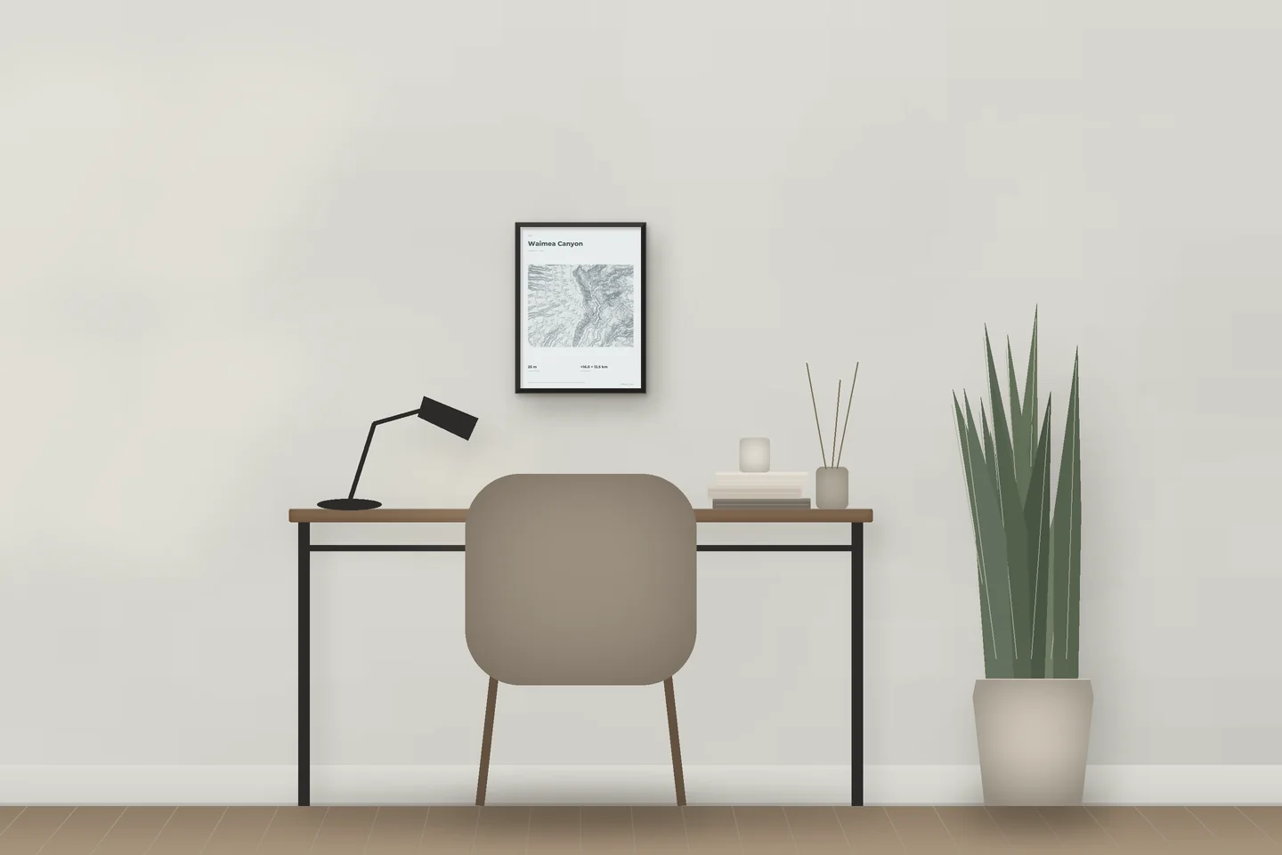 Waimea Canyon (12 × 16 in · Black metal · Mist & Pewter) above a desk in a home office — illustrative digital preview, not a photo