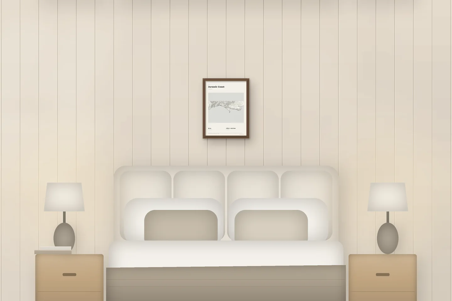 Jurassic Coast (12 × 16 in · Walnut oak · Ivory & Graphite) above a bed in a chalet bedroom — illustrative digital preview, not a photo
