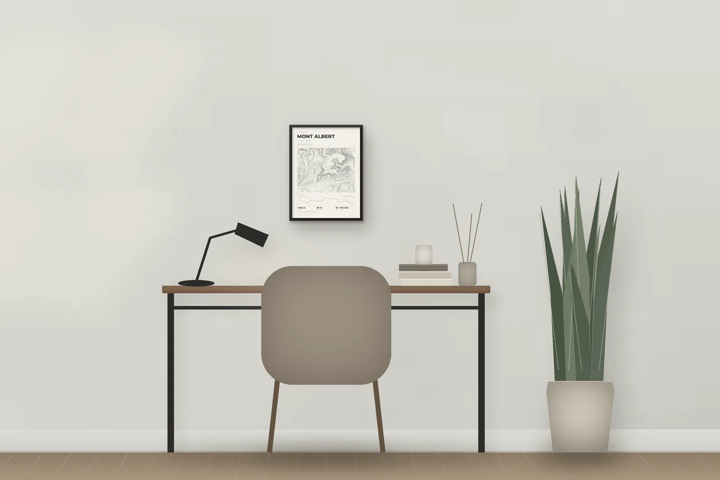 Mont Albert (12 × 16 in · Black metal · Ivory & Graphite) above a desk in a home office — illustrative digital preview, not a photo