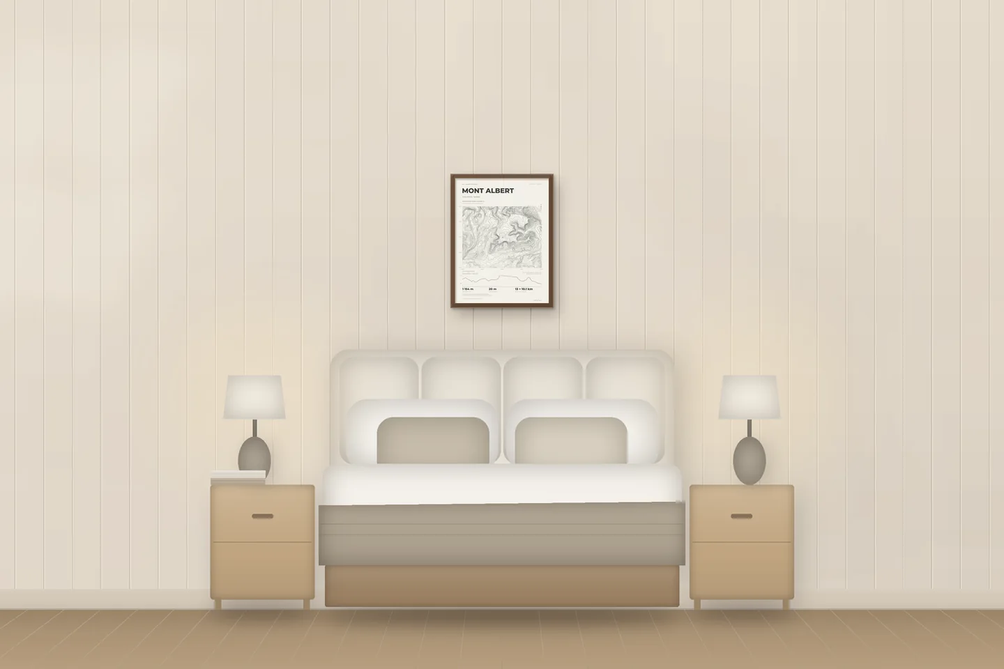 Mont Albert (18 × 24 in · Walnut oak · Ivory & Graphite) above a bed in a chalet bedroom — illustrative digital preview, not a photo