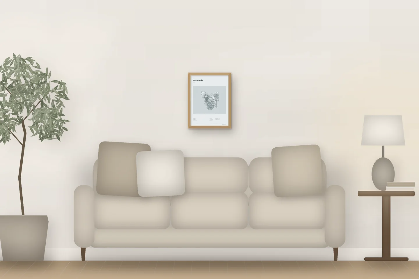Tasmania (12 × 16 in · Natural oak · Mist & Pewter) above a living-room sofa — illustrative digital preview, not a photo