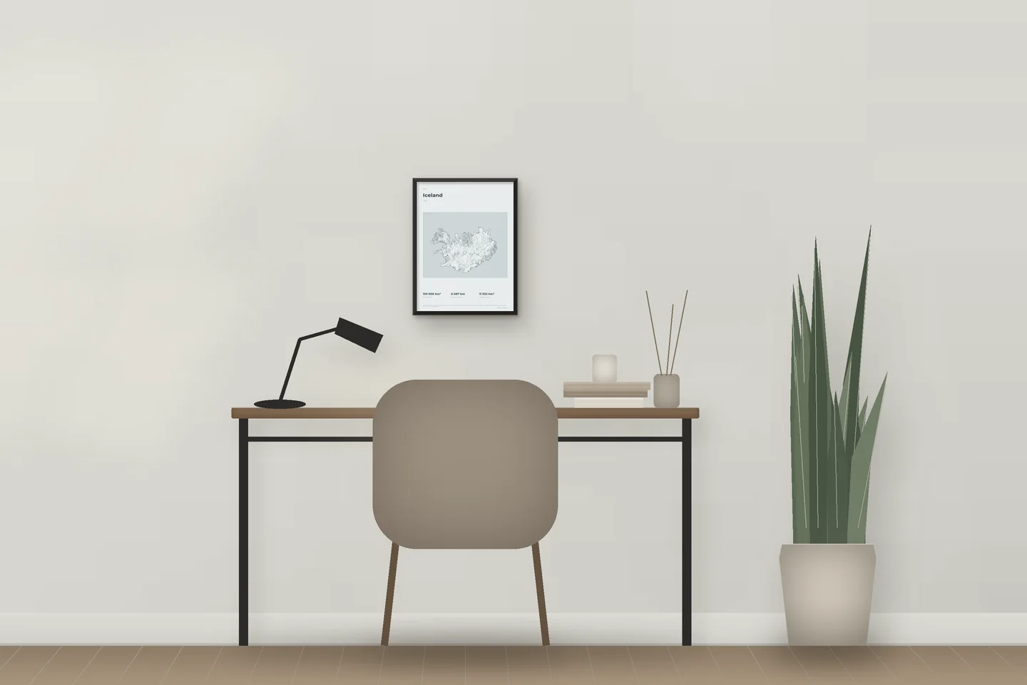 Iceland (12 × 16 in · Black metal · Mist & Pewter) above a desk in a home office — illustrative digital preview, not a photo