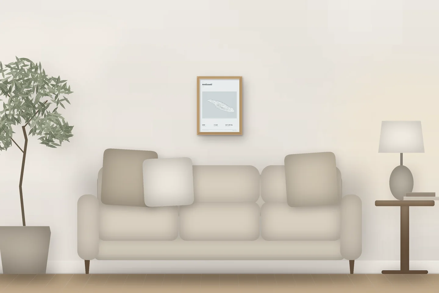 Anticosti (12 × 16 in · Natural oak · Mist & Pewter) above a living-room sofa — illustrative digital preview, not a photo