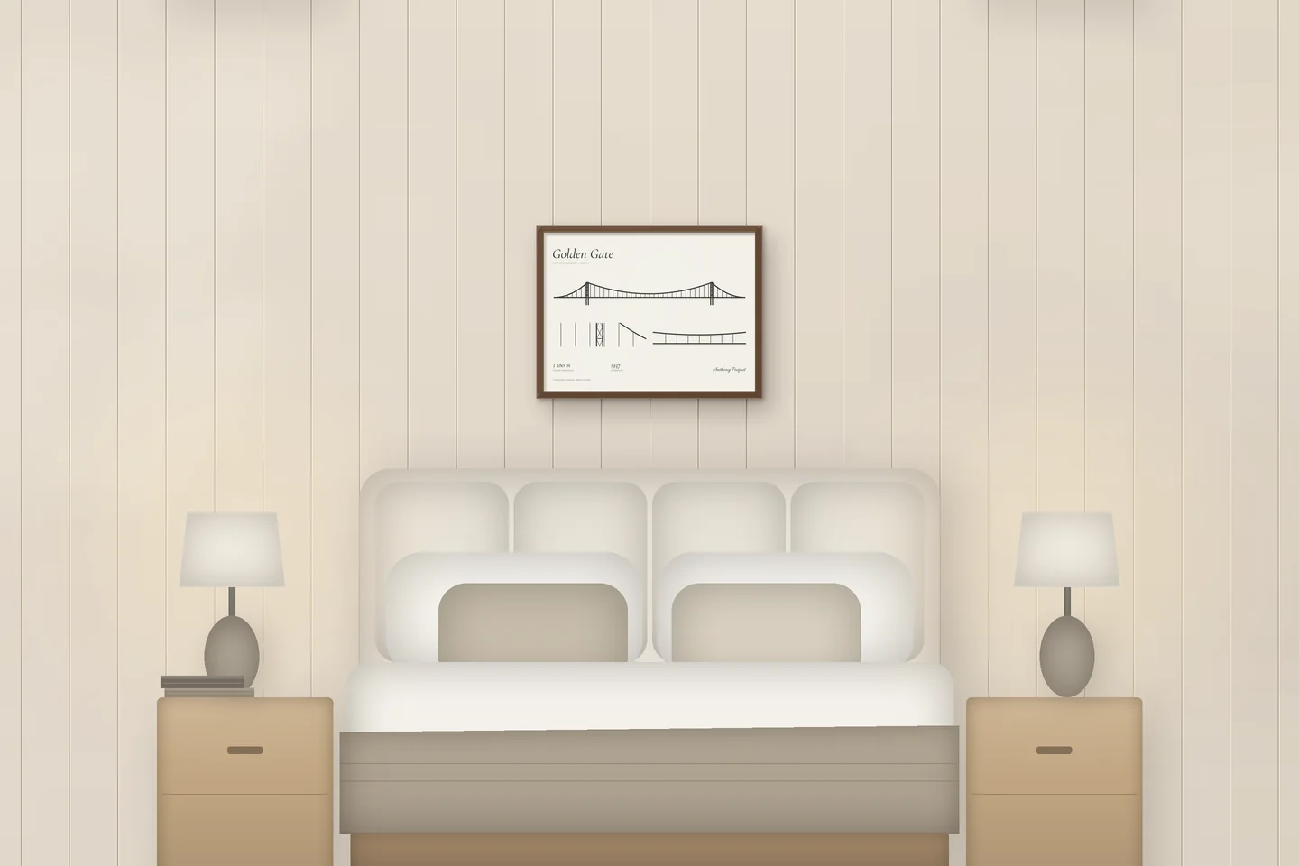 Golden Gate (24 × 18 in · Walnut oak · Ivory & Graphite) above a bed in a chalet bedroom — illustrative digital preview, not a photo
