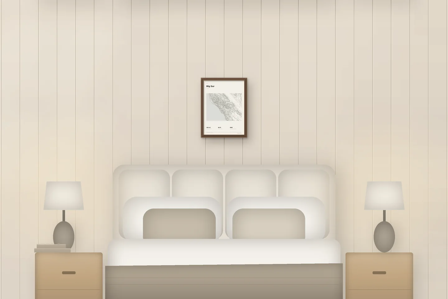 Big Sur (12 × 16 in · Walnut oak · Ivory & Graphite) above a bed in a chalet bedroom — illustrative digital preview, not a photo