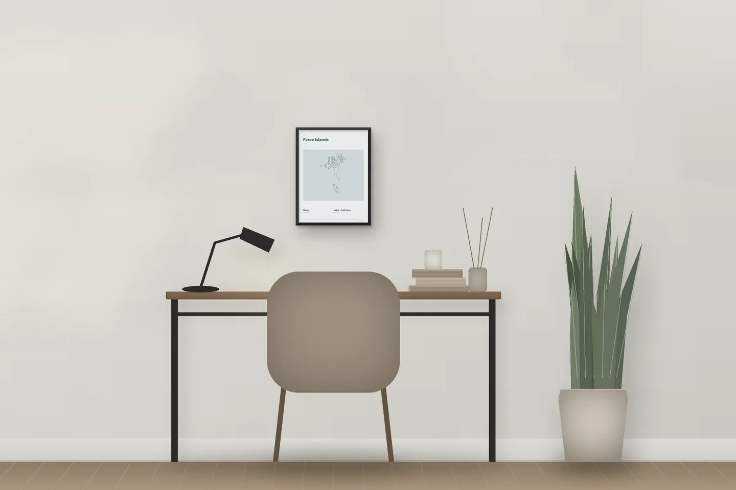 Faroe Islands (12 × 16 in · Black metal · Mist & Pewter) above a desk in a home office — illustrative digital preview, not a photo