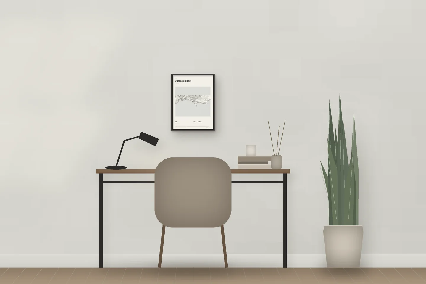 Jurassic Coast (12 × 16 in · Black metal · Ivory & Graphite) above a desk in a home office — illustrative digital preview, not a photo