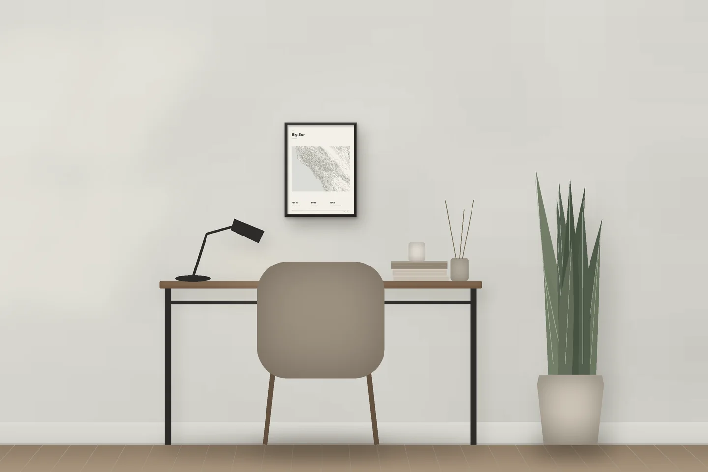 Big Sur (12 × 16 in · Black metal · Ivory & Graphite) above a desk in a home office — illustrative digital preview, not a photo