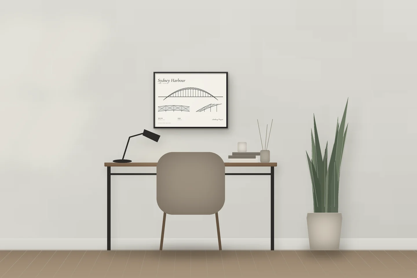 Sydney Harbour (24 × 18 in · Black metal · Ivory & Graphite) above a desk in a home office — illustrative digital preview, not a photo