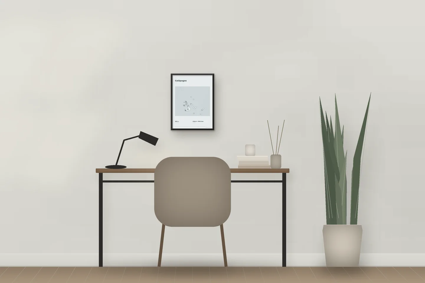 Galápagos (12 × 16 in · Black metal · Mist & Pewter) above a desk in a home office — illustrative digital preview, not a photo
