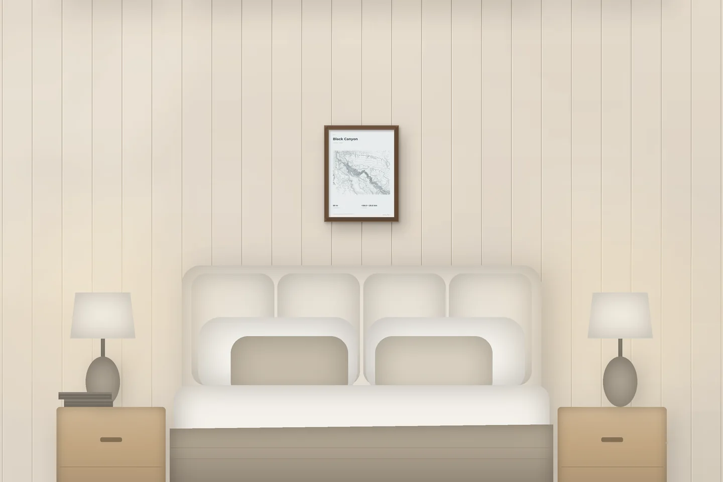 Black Canyon (12 × 16 in · Walnut oak · Mist & Pewter) above a bed in a chalet bedroom — illustrative digital preview, not a photo