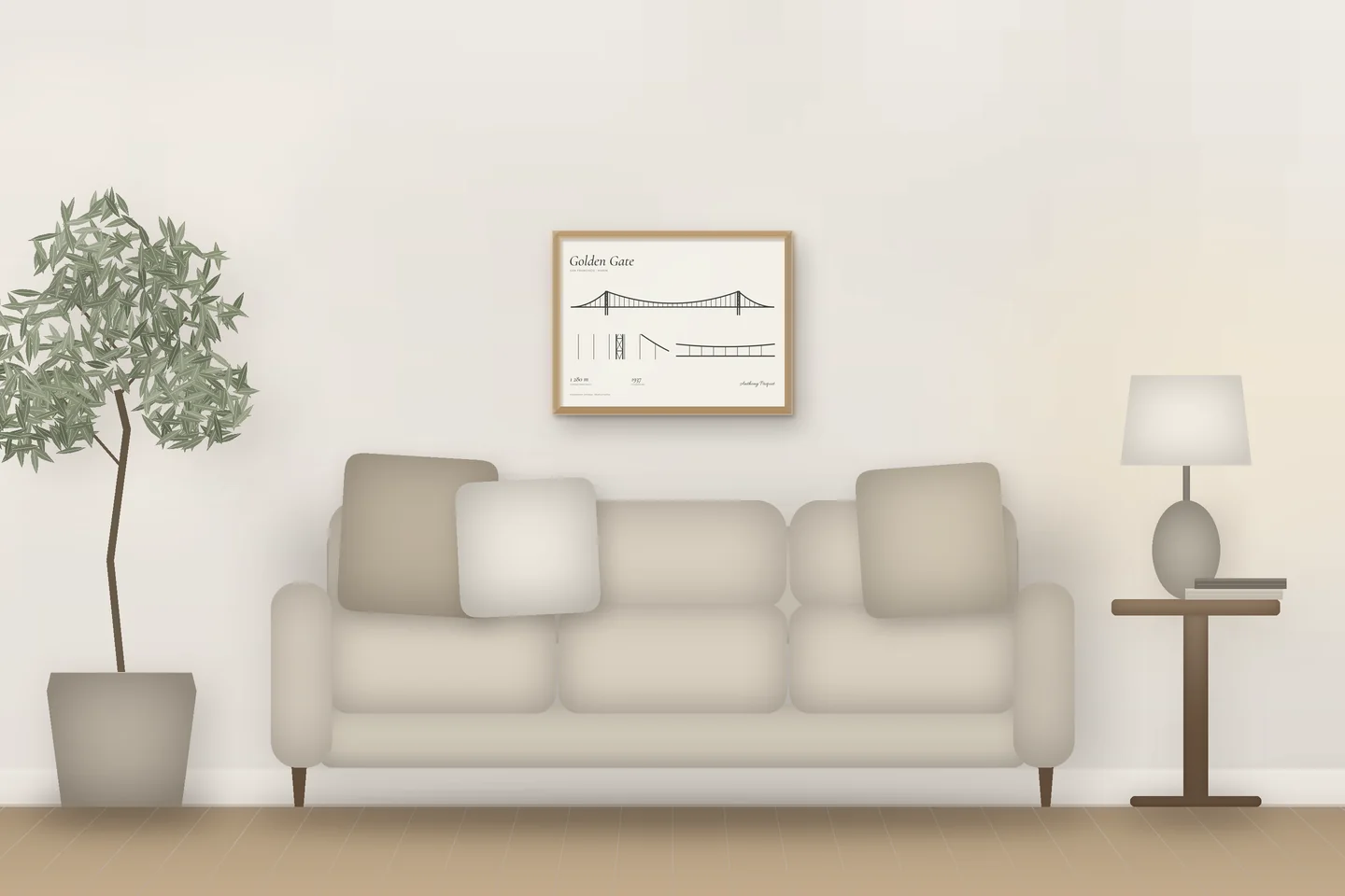 Golden Gate (24 × 18 in · Natural oak · Ivory & Graphite) above a living-room sofa — illustrative digital preview, not a photo