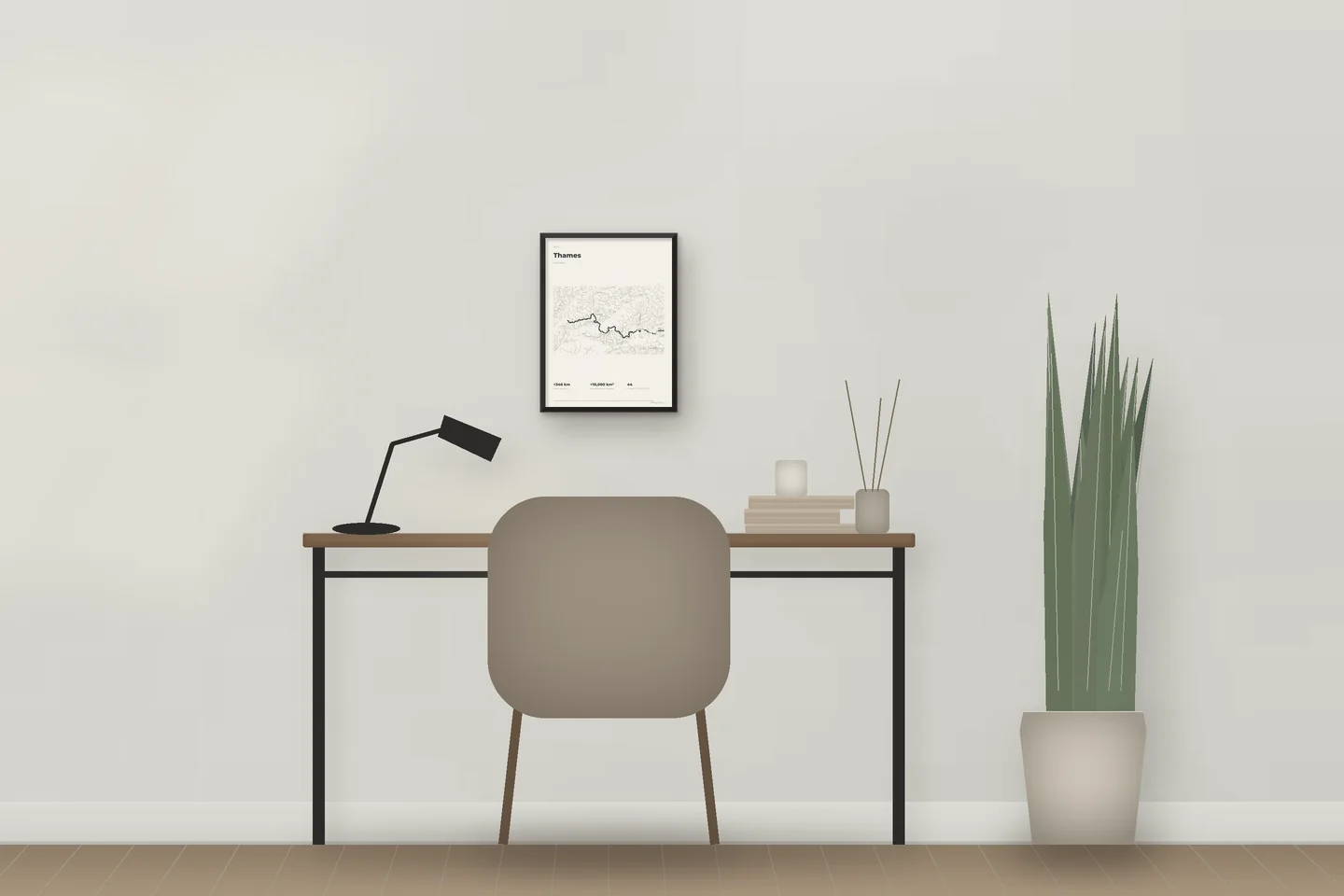 Thames (12 × 16 in · Black metal · Ivory & Graphite) above a desk in a home office — illustrative digital preview, not a photo