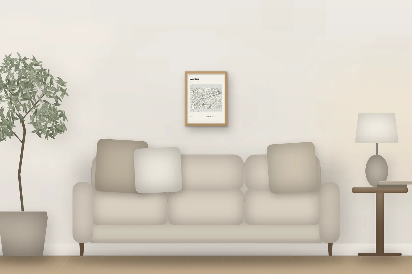 Lysefjord (12 × 16 in · Natural oak · Ivory & Graphite) above a living-room sofa — illustrative digital preview, not a photo