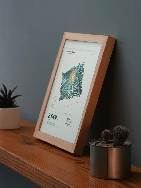 The Mount St. Helens artwork digitally placed in a frame on a shelf beside plants. Framing and proportions are illustrative.