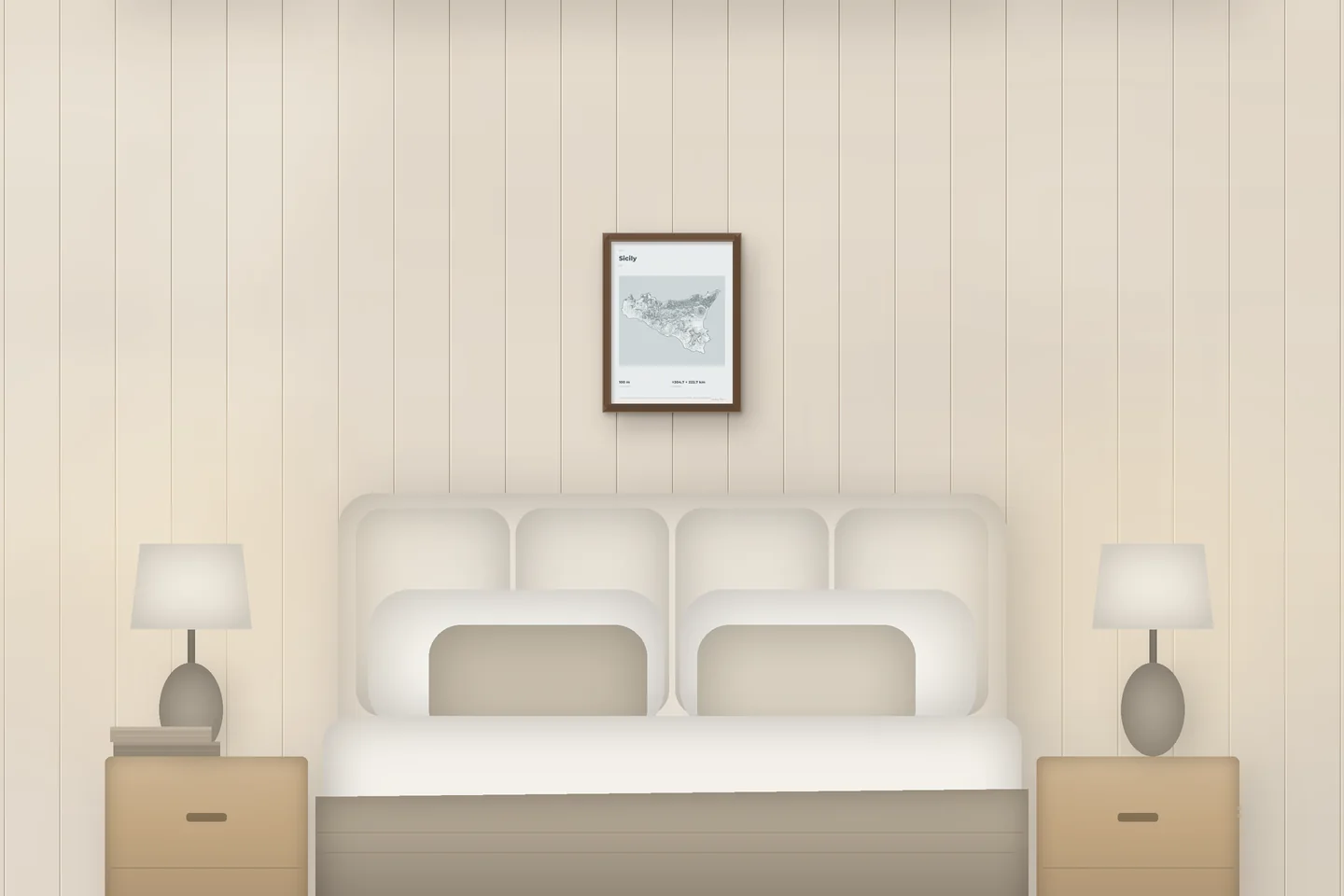 Sicily (12 × 16 in · Walnut oak · Mist & Pewter) above a bed in a chalet bedroom — illustrative digital preview, not a photo