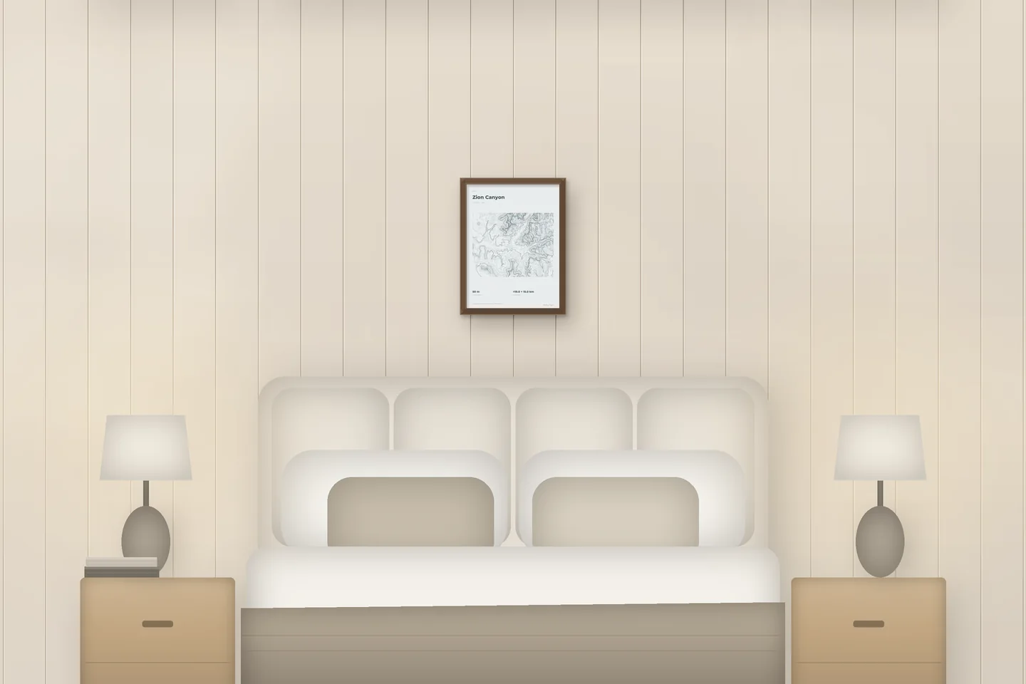 Zion Canyon (12 × 16 in · Walnut oak · Mist & Pewter) above a bed in a chalet bedroom — illustrative digital preview, not a photo