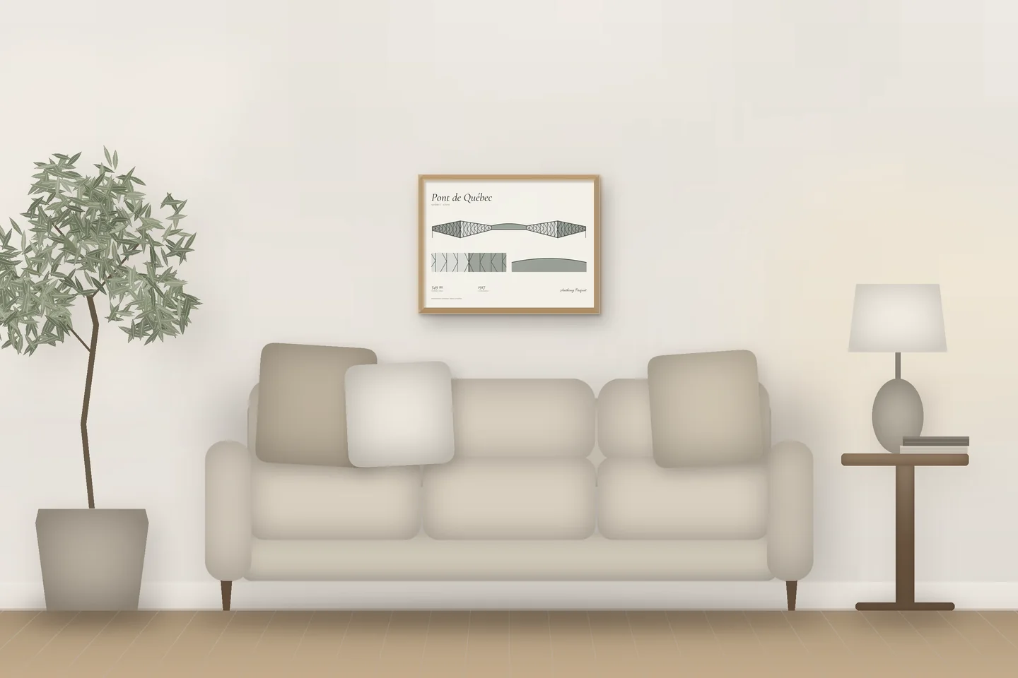 Pont de Québec (24 × 18 in · Natural oak · Ivory & Graphite) above a living-room sofa — illustrative digital preview, not a photo