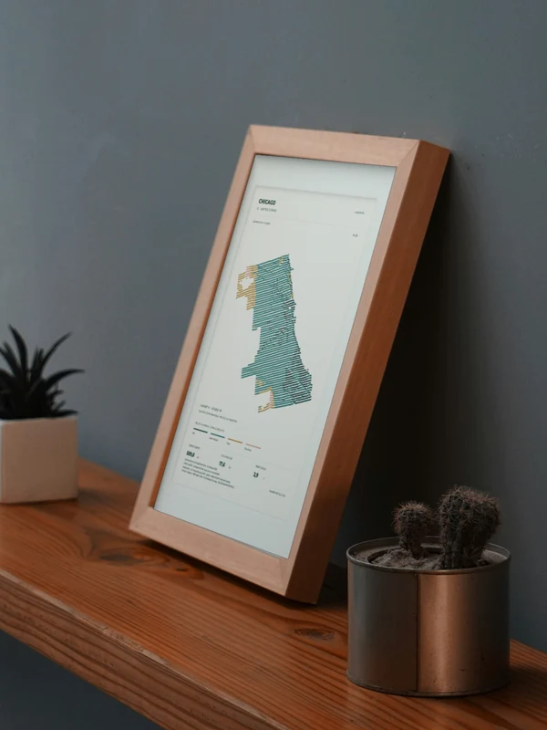 The Chicago artwork digitally placed in a frame on a shelf beside plants. Framing and proportions are illustrative.