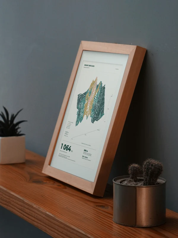 The Mount Greylock artwork digitally placed in a frame on a shelf beside plants. Framing and proportions are illustrative.