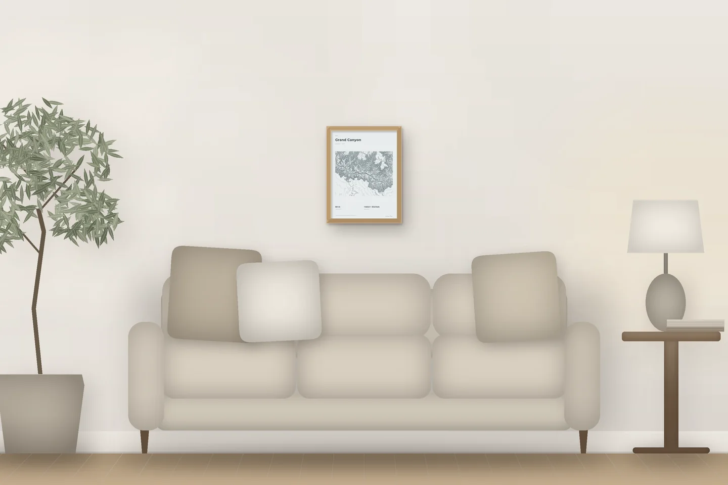 Grand Canyon (12 × 16 in · Natural oak · Mist & Pewter) above a living-room sofa — illustrative digital preview, not a photo