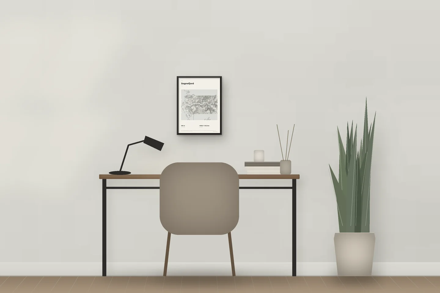 Sognefjord (12 × 16 in · Black metal · Ivory & Graphite) above a desk in a home office — illustrative digital preview, not a photo
