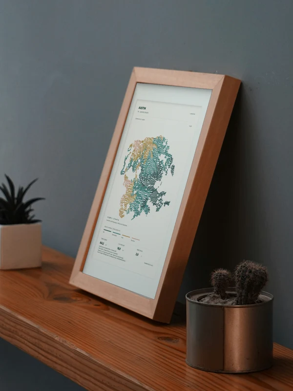The Austin artwork digitally placed in a frame on a shelf beside plants. Framing and proportions are illustrative.