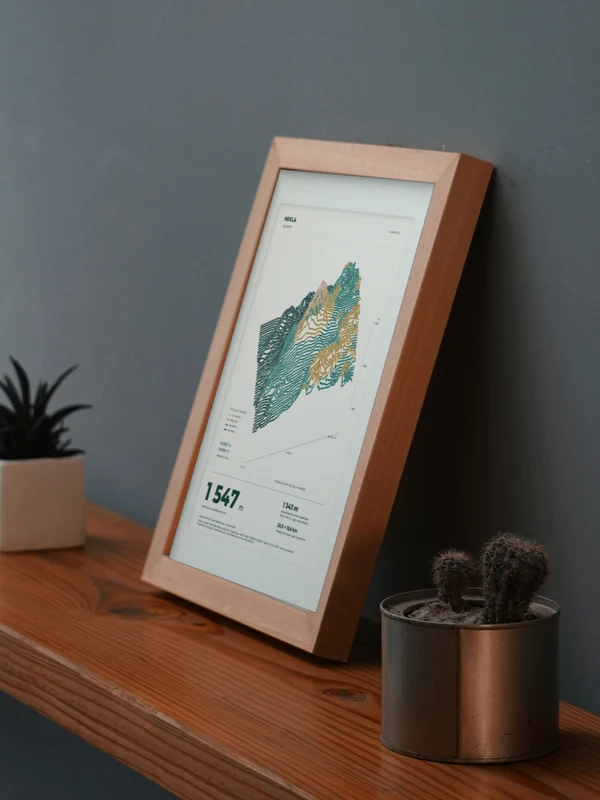 The Hekla artwork digitally placed in a frame on a shelf beside plants. Framing and proportions are illustrative.