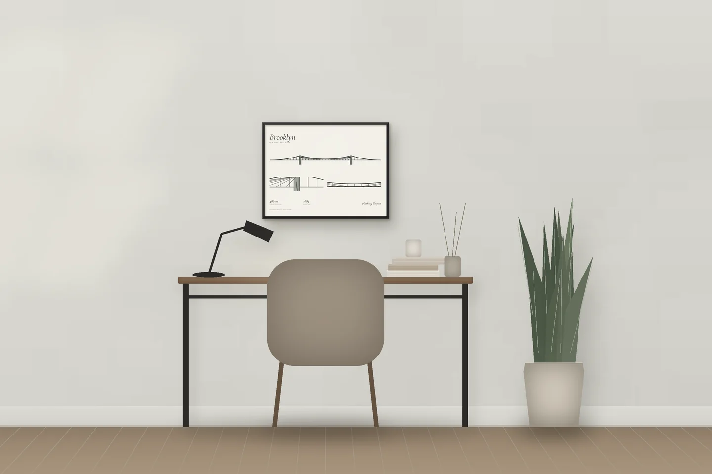 Brooklyn Bridge (24 × 18 in · Black metal · Ivory & Graphite) above a desk in a home office — illustrative digital preview, not a photo