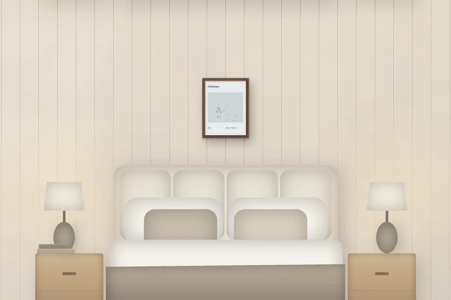 Galápagos (12 × 16 in · Walnut oak · Mist & Pewter) above a bed in a chalet bedroom — illustrative digital preview, not a photo