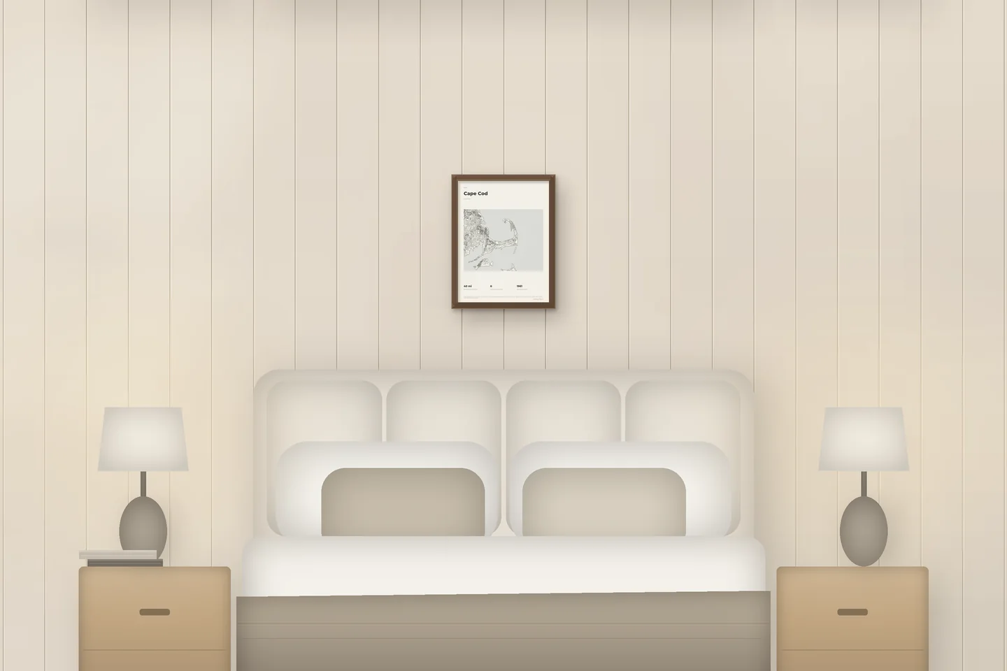 Cape Cod (12 × 16 in · Walnut oak · Ivory & Graphite) above a bed in a chalet bedroom — illustrative digital preview, not a photo