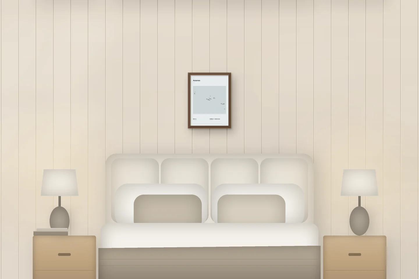 Azores (12 × 16 in · Walnut oak · Mist & Pewter) above a bed in a chalet bedroom — illustrative digital preview, not a photo