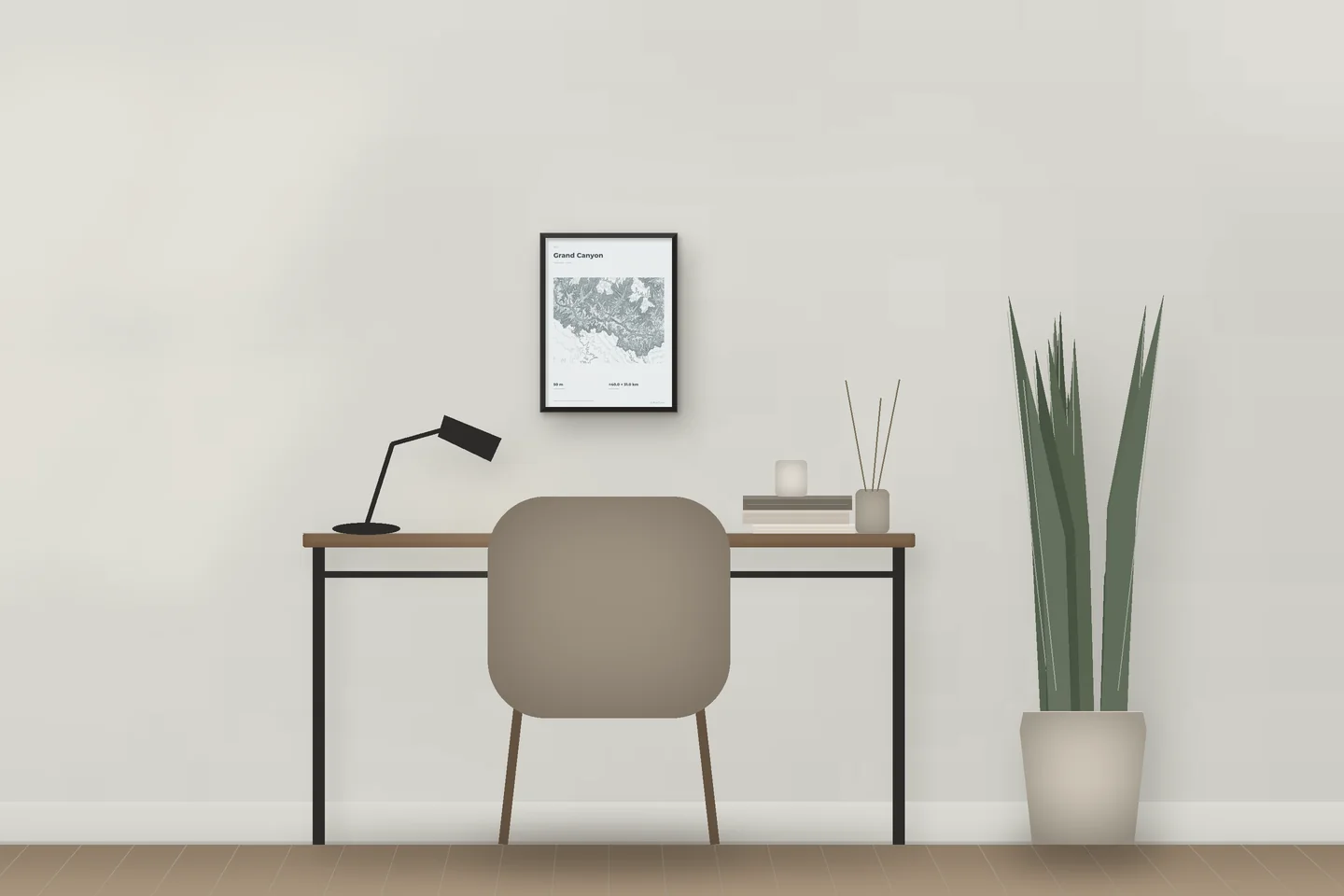 Grand Canyon (12 × 16 in · Black metal · Mist & Pewter) above a desk in a home office — illustrative digital preview, not a photo