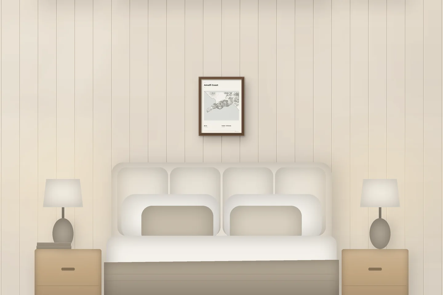 Amalfi Coast (12 × 16 in · Walnut oak · Ivory & Graphite) above a bed in a chalet bedroom — illustrative digital preview, not a photo