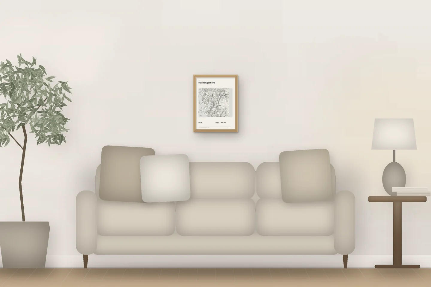 Hardangerfjord (12 × 16 in · Natural oak · Ivory & Graphite) above a living-room sofa — illustrative digital preview, not a photo