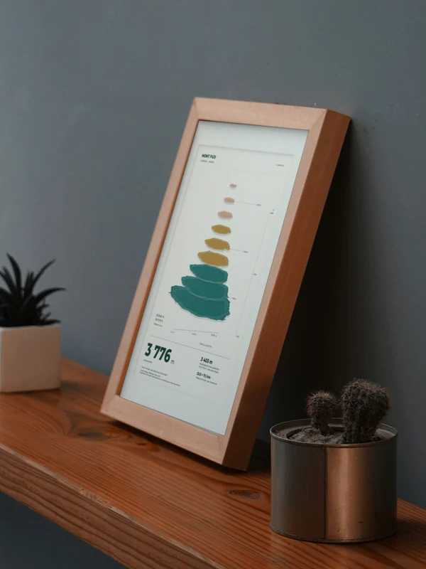 The Mount Fuji artwork digitally placed in a frame on a shelf beside plants. Framing and proportions are illustrative.