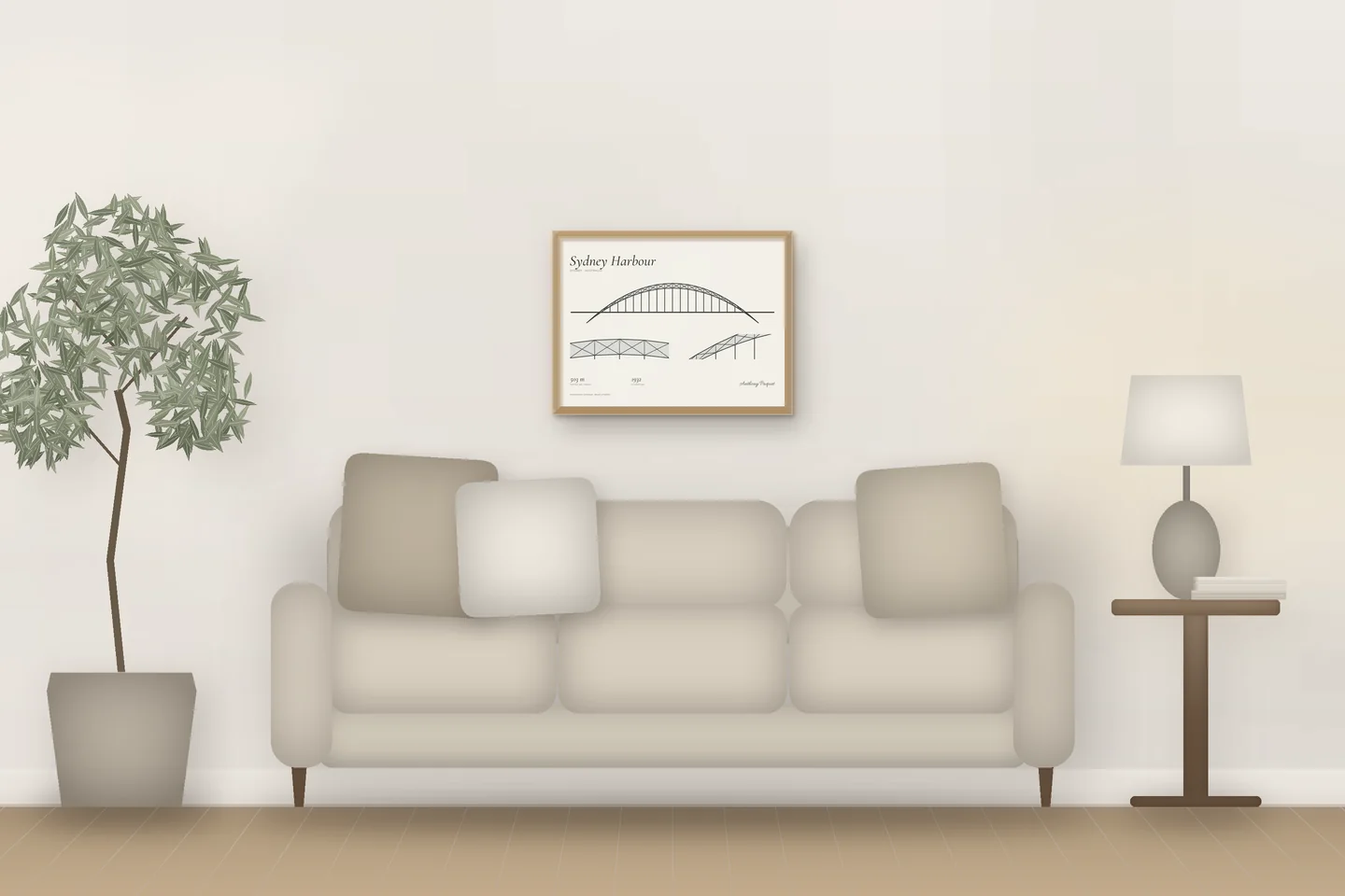 Sydney Harbour (24 × 18 in · Natural oak · Ivory & Graphite) above a living-room sofa — illustrative digital preview, not a photo