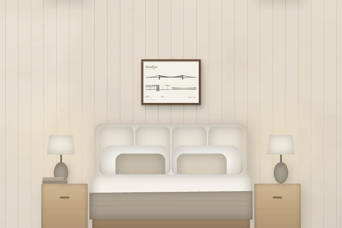 Brooklyn Bridge (24 × 18 in · Walnut oak · Ivory & Graphite) above a bed in a chalet bedroom — illustrative digital preview, not a photo