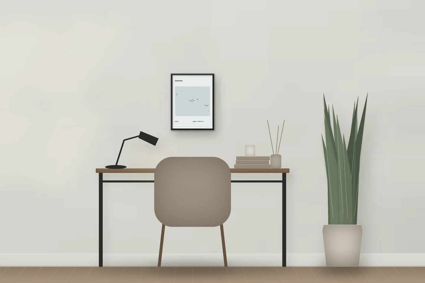 Azores (12 × 16 in · Black metal · Mist & Pewter) above a desk in a home office — illustrative digital preview, not a photo