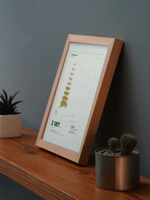 The Lassen Peak artwork digitally placed in a frame on a shelf beside plants. Framing and proportions are illustrative.