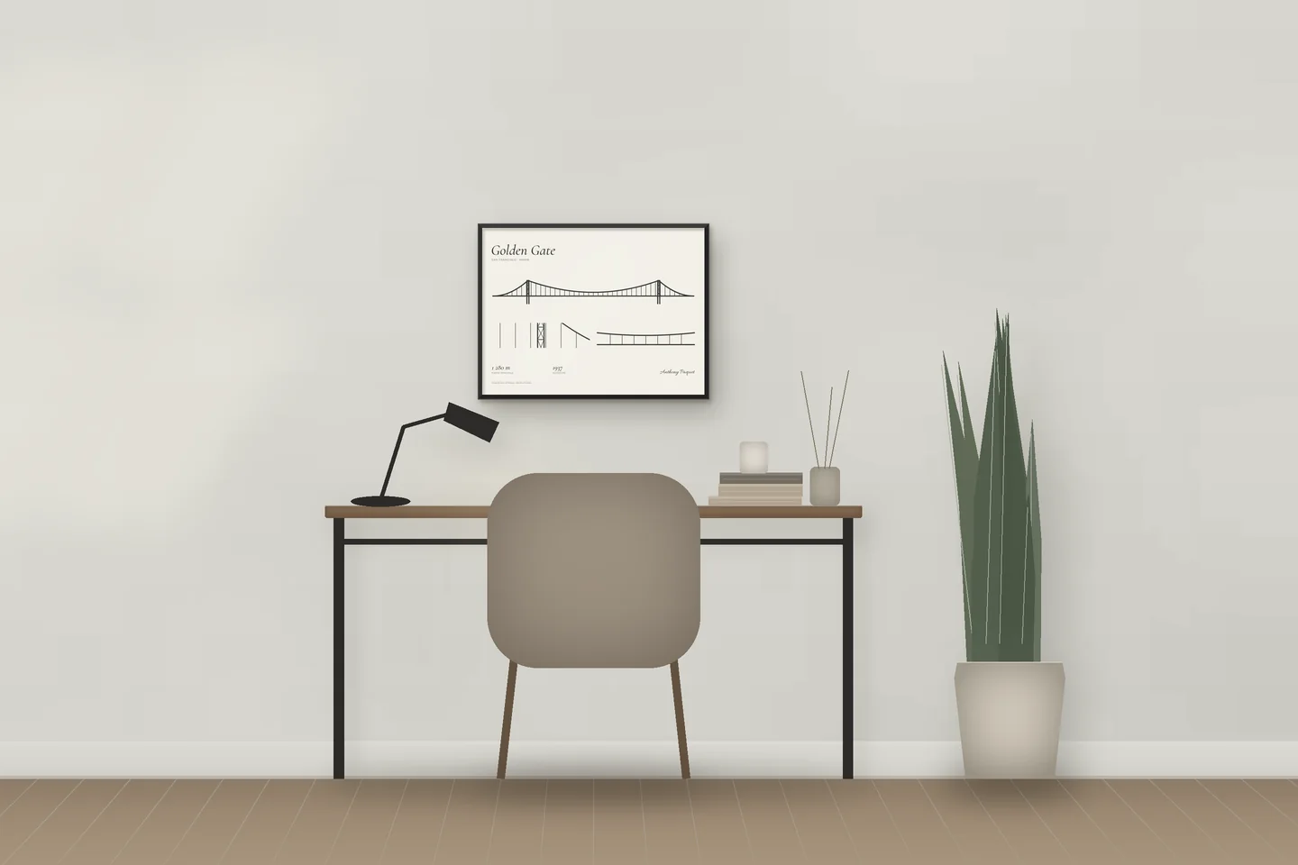 Golden Gate (24 × 18 in · Black metal · Ivory & Graphite) above a desk in a home office — illustrative digital preview, not a photo