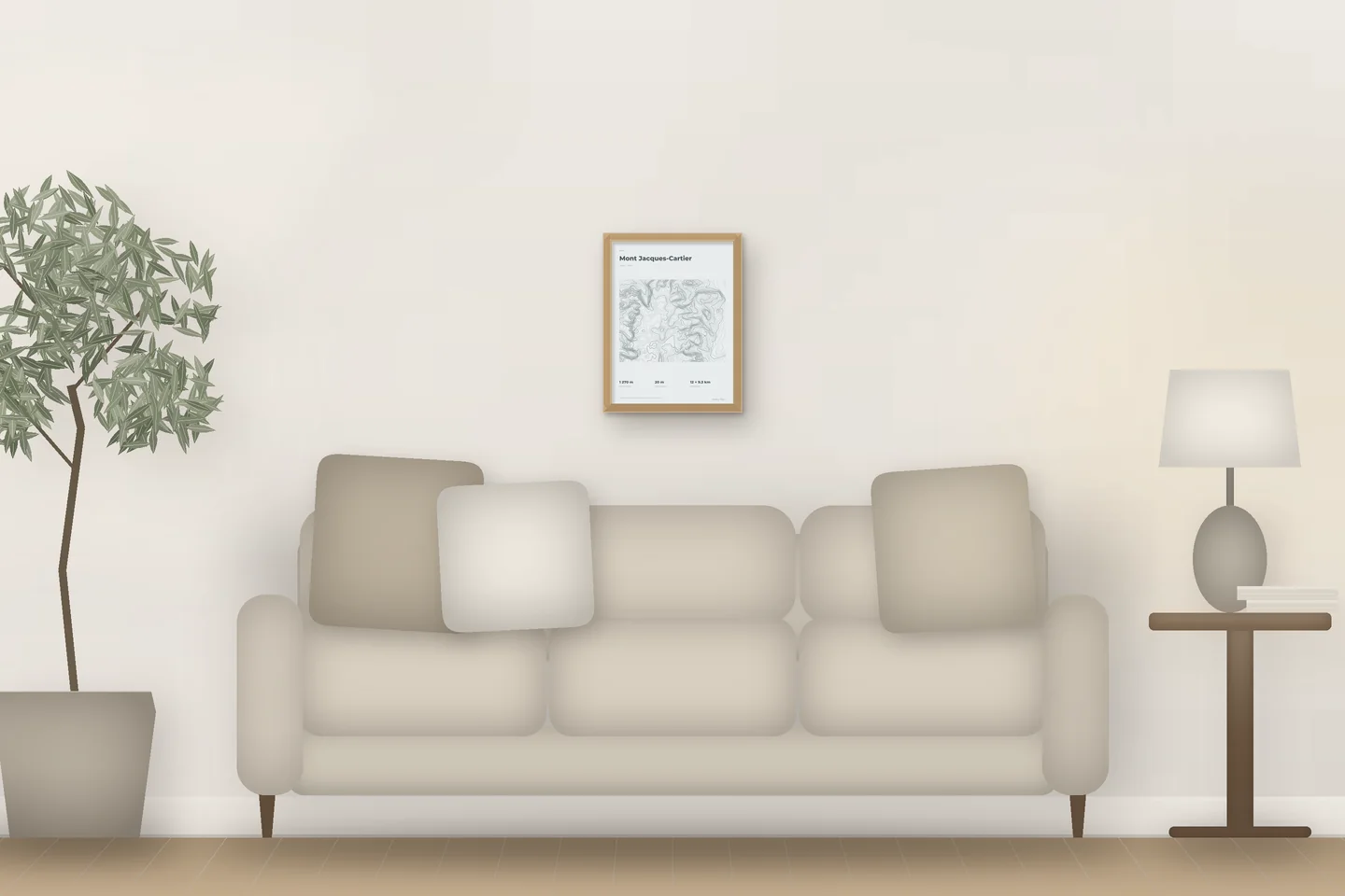 Mont Jacques-Cartier (12 × 16 in · Natural oak · Mist & Pewter) above a living-room sofa — illustrative digital preview, not a photo