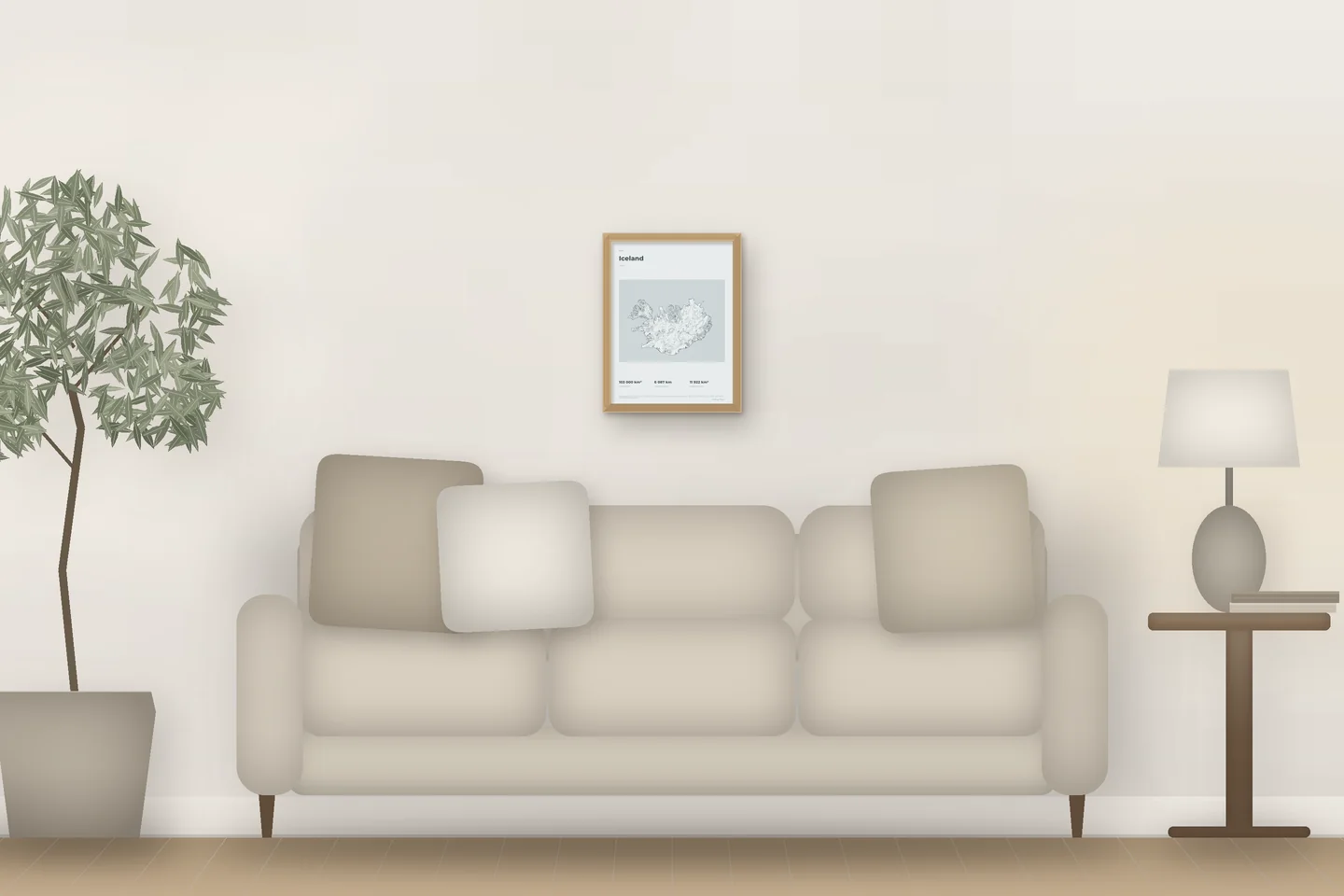 Iceland (12 × 16 in · Natural oak · Mist & Pewter) above a living-room sofa — illustrative digital preview, not a photo
